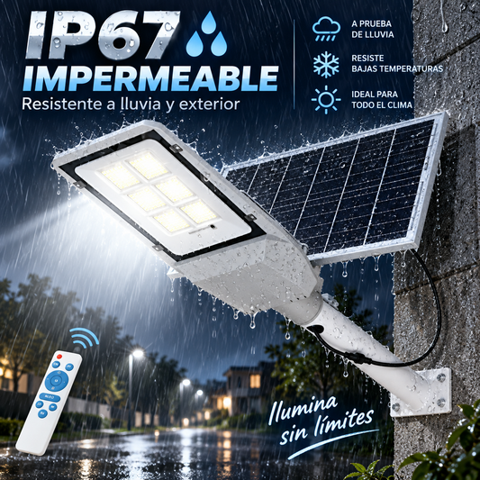 Foco solar LED IP67 instalado en muro exterior bajo lluvia