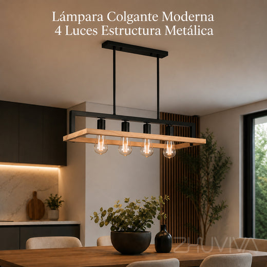 Lámpara colgante de 4 luces sobre mesa de comedor moderna