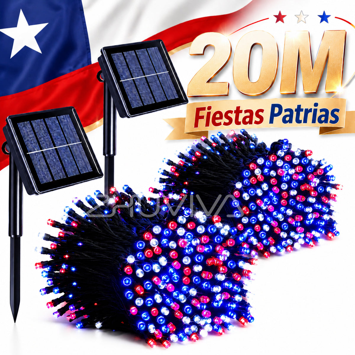 ZHU|Pack 2 Guirnaldas Luces Solares LED IP65 para Fiestas Patrias Chile Jardín Terraza Exterior