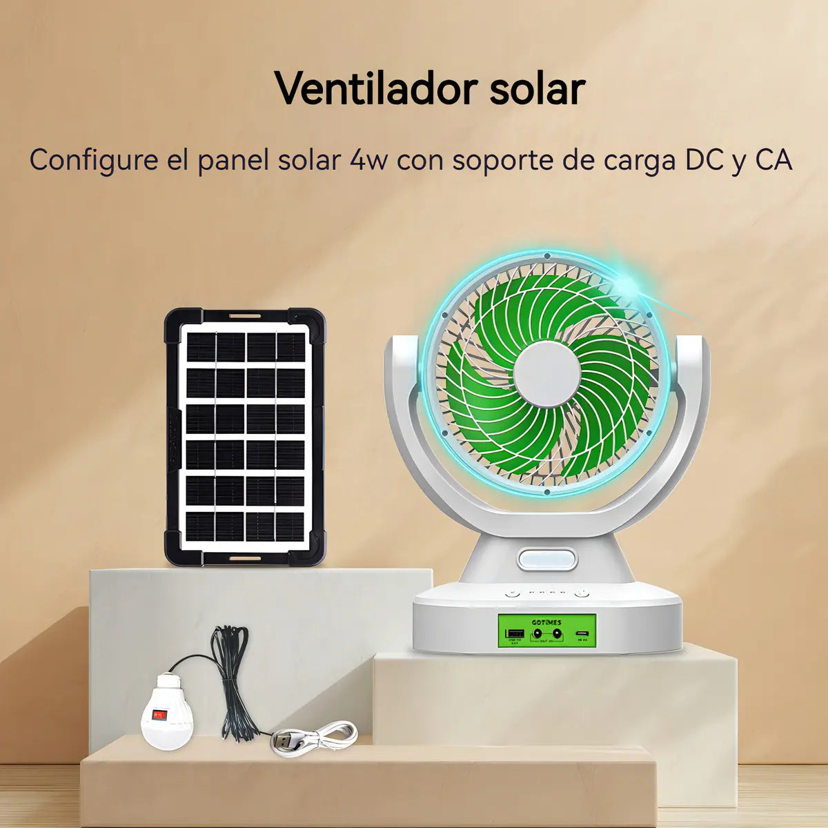 Ventilador Solar Portátil 2 en 1 con Lámpara LED y Panel 6V para Camping, Hogar y Emergencias