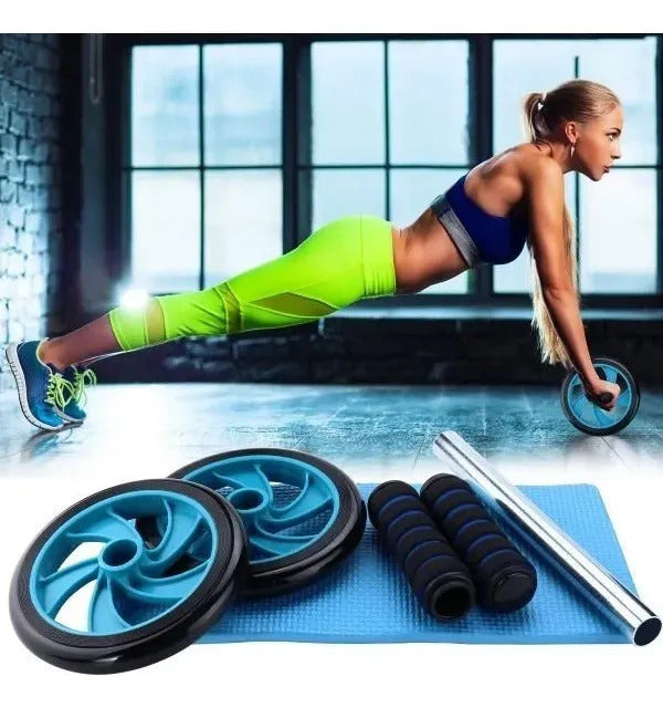 Rueda Abdominal Doble Rodillo Gym + Mat Tapete Rodillas