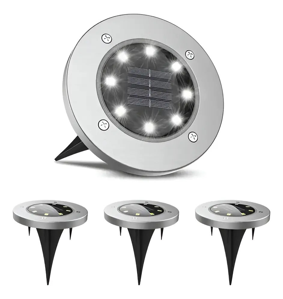 Focos solares LED de suelo con estacas y panel solar integrado