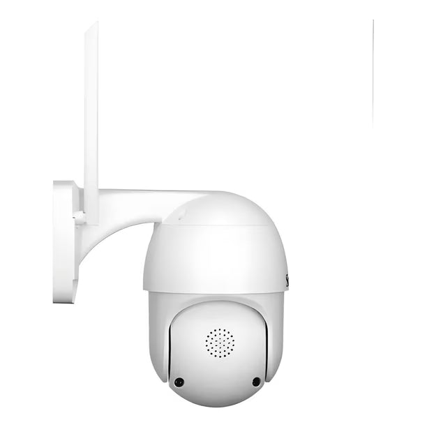 Vista lateral de cámara PTZ WiFi exterior con soporte de muro