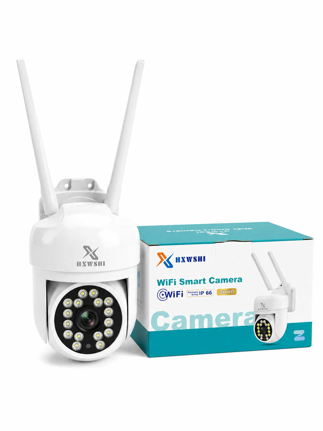 Cámara de seguridad WiFi exterior blanca junto a su caja