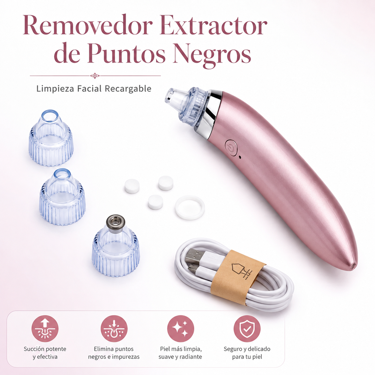 Extractor de Puntos Negros Recargable USB con Succión Ajustable y Boquillas Faciales