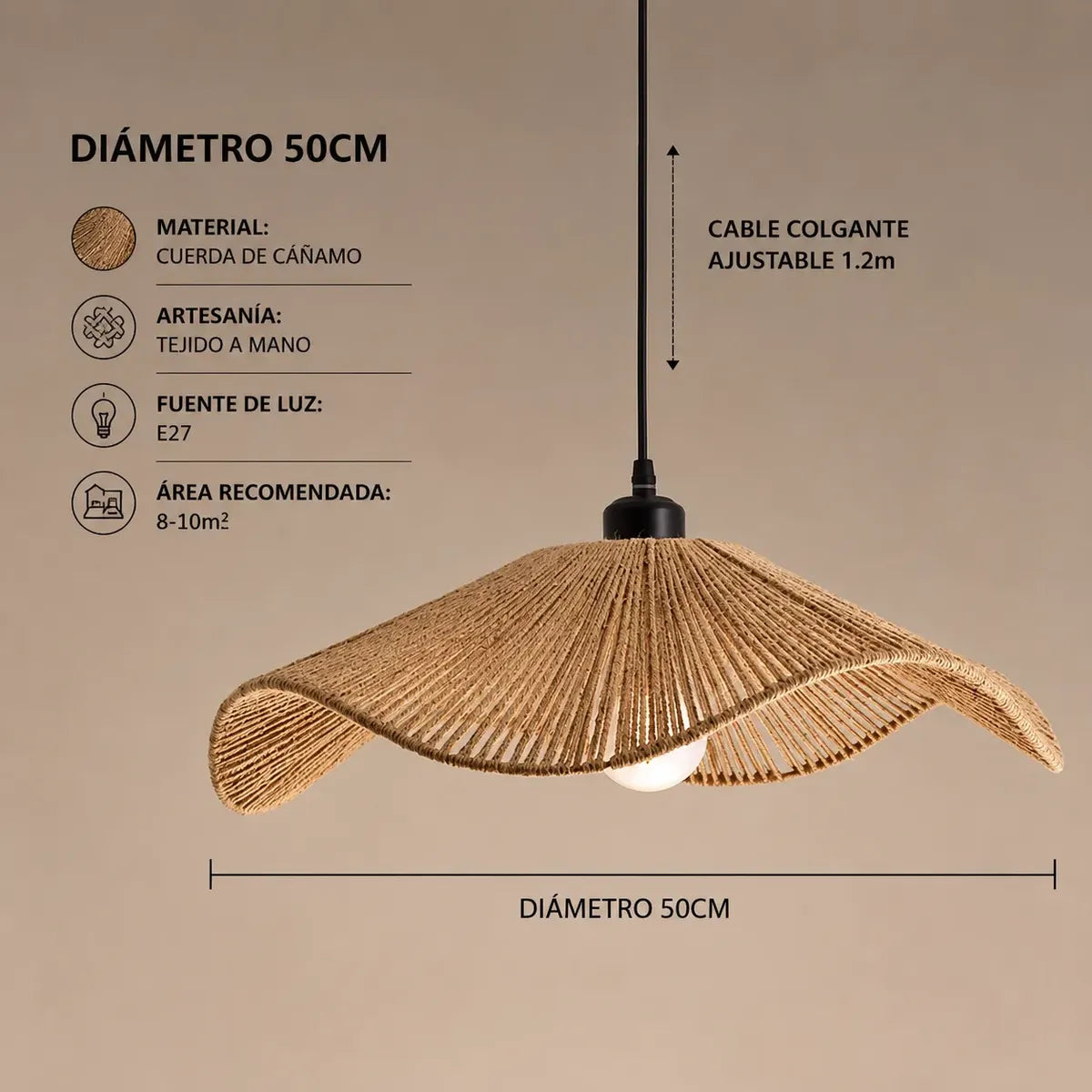 Lampara colgante diametro 50 cm cable ajustable 1.2 m