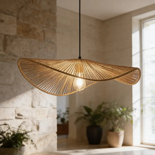 Lámpara colgante boho de cuerda natural instalada en un living