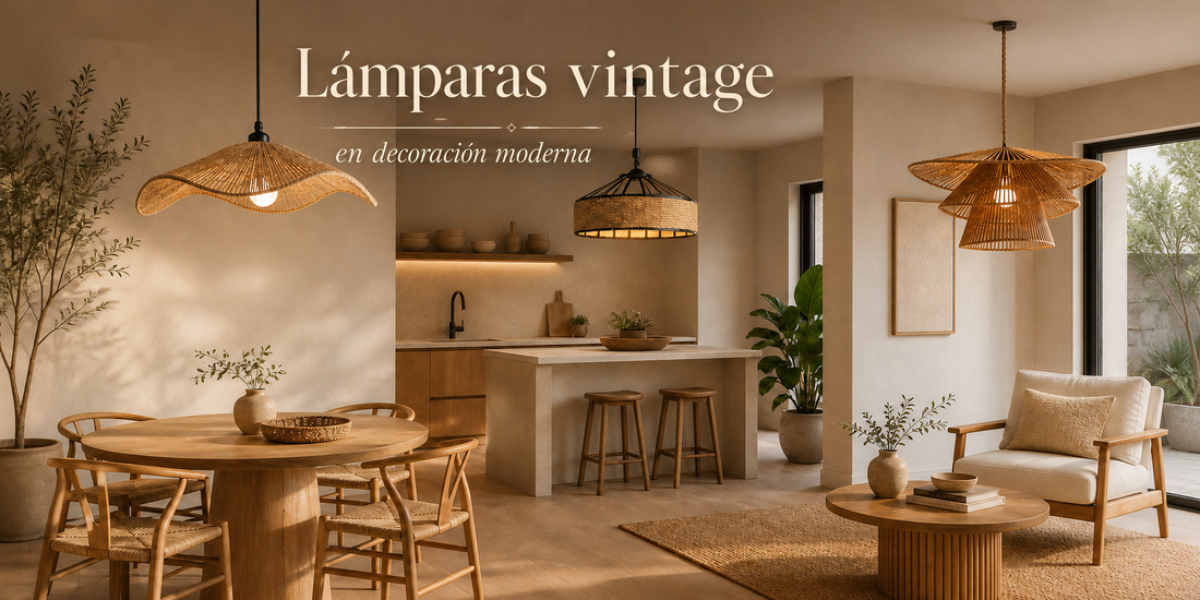 Lámparas colgantes vintage de cuerda, cáñamo y ratán en comedor, cocina y living moderno