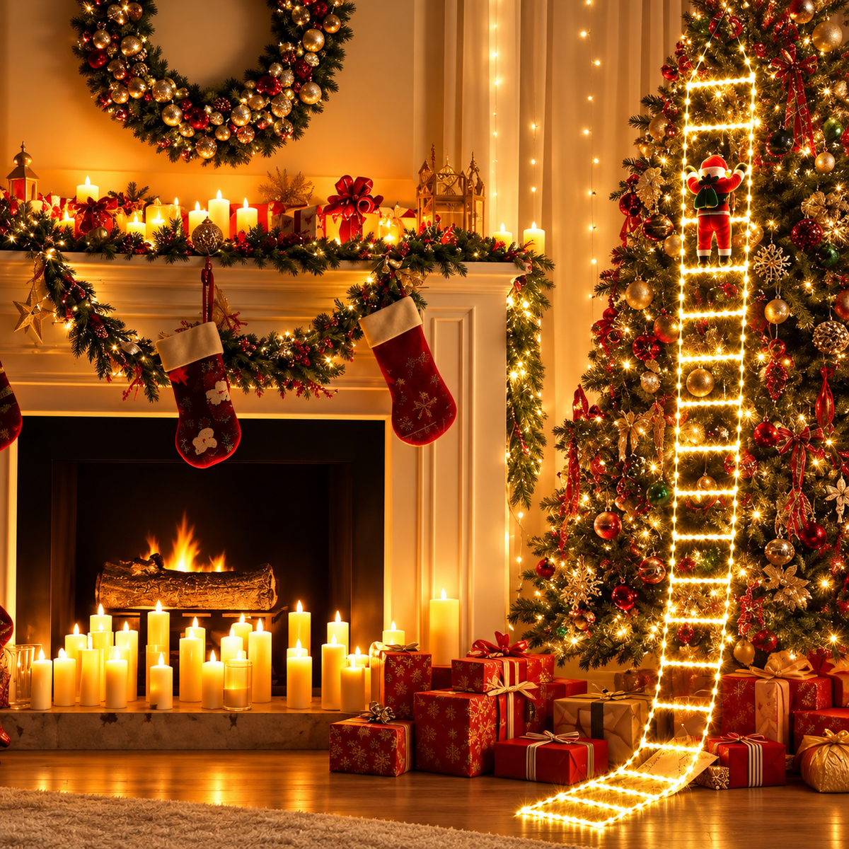 Luces Navidad Papá Noel Escalando Escalera LED Solar 1,5 m para Decoración