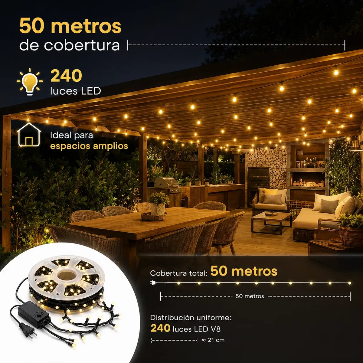 Guirnalda LED cálida de 50 m iluminando una terraza exterior