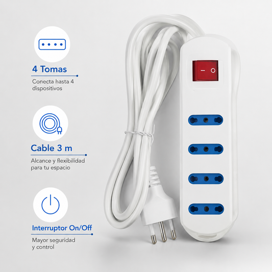 Alargador Electrico 3 m con 4 Tomas e Interruptor