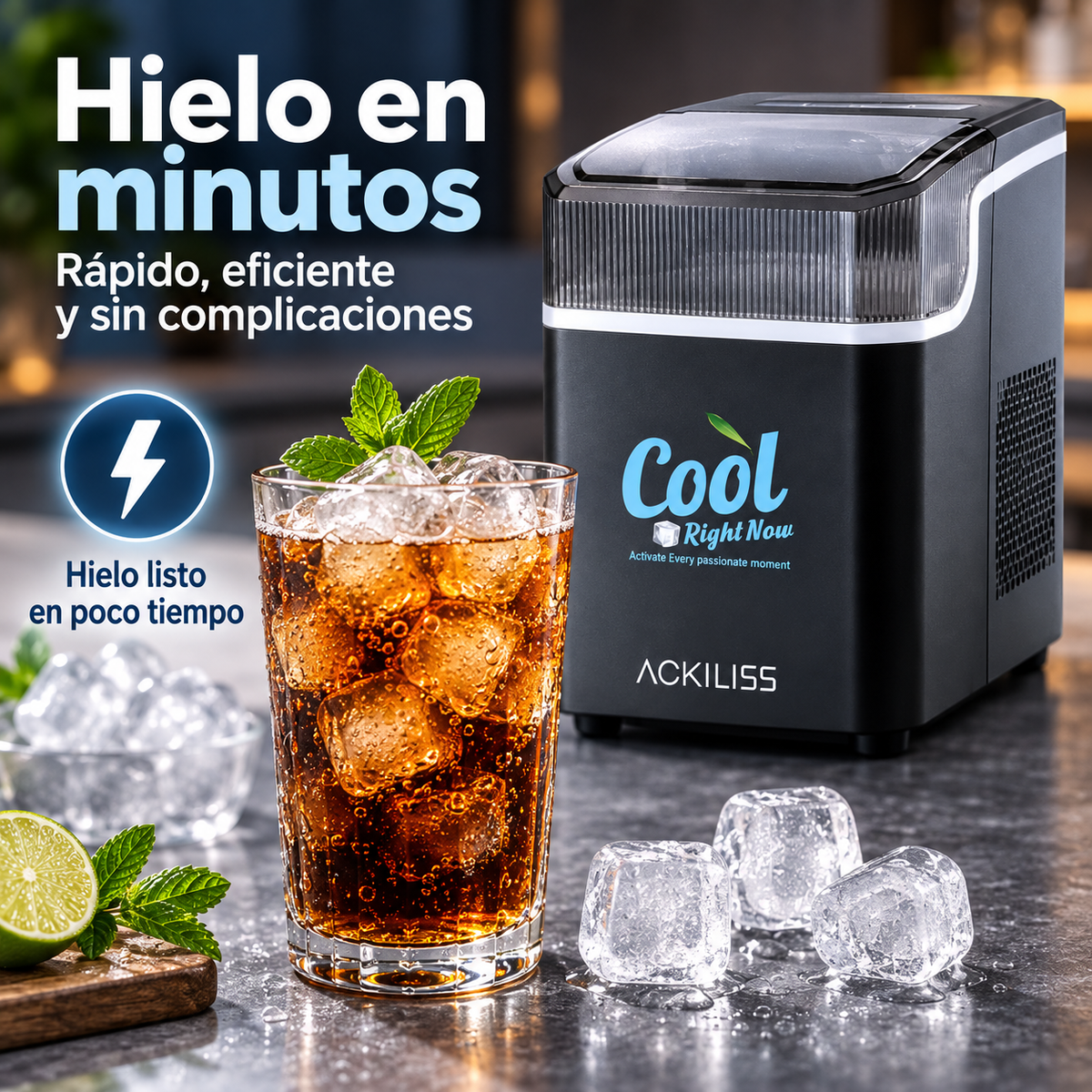 Máquina de Hielo Portátil 85W 12 kg/día con Autolimpieza para Hogar, Cocina, Quincho y Fiestas