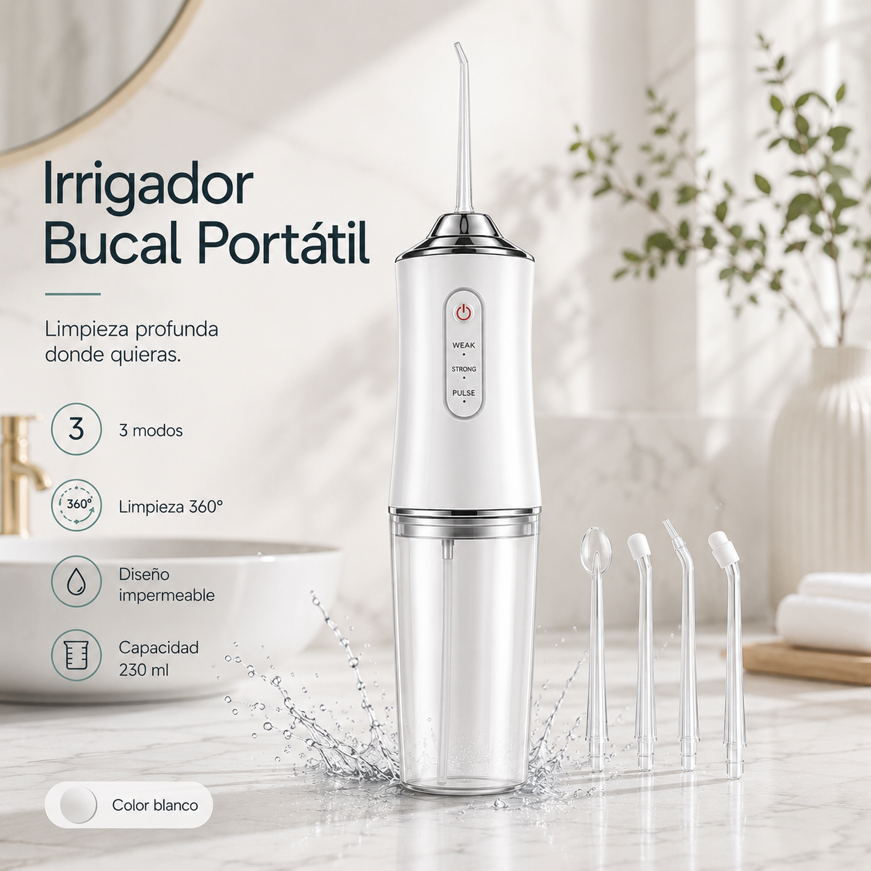 Irrigador dental portátil blanco para limpieza profunda de dientes y encías