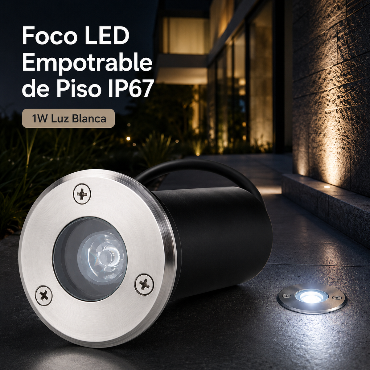 Foco LED empotrable de piso de una luz con aro metálico