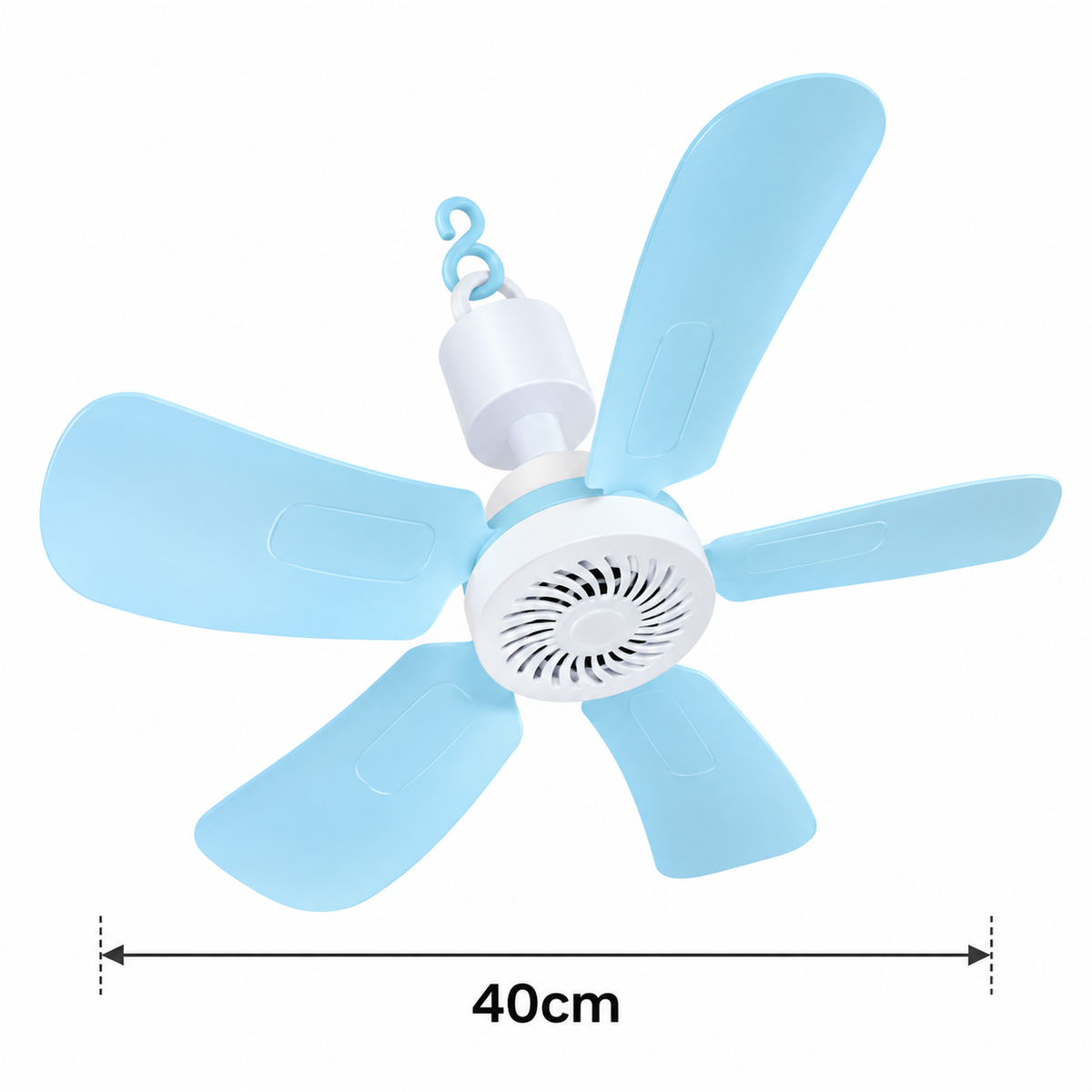 Mini ventilador colgante con cinco aspas celestes y formato compacto