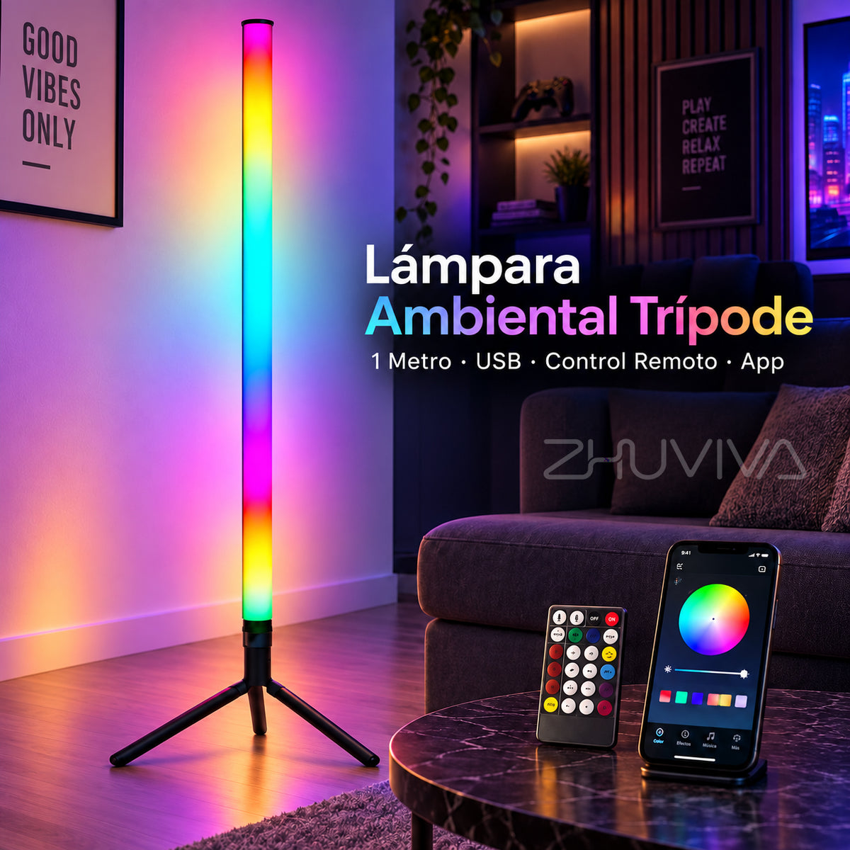 Lámpara de Pie LED RGB 1 m con Trípode para Dormitorio y Decoración