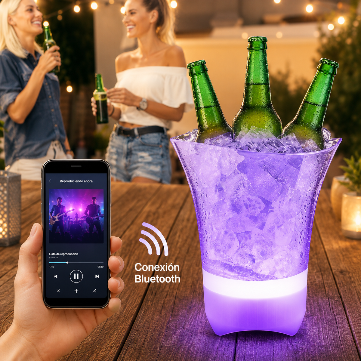 Parlante Bluetooth integrado en base de cubitera LED recargable