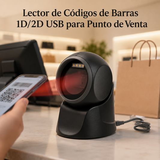 Lector de códigos de barras 1D y 2D negro con cable USB