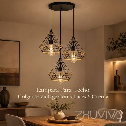 Lámpara Colgante Vintage 3 Luces con Cuerda y Metal