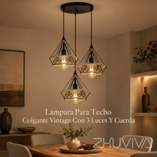Lámpara Colgante Vintage 3 Luces con Cuerda y Metal