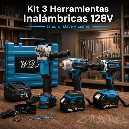 Kit 3 Herramientas Inalámbricas 128V: Taladro, Llave y Esmeril