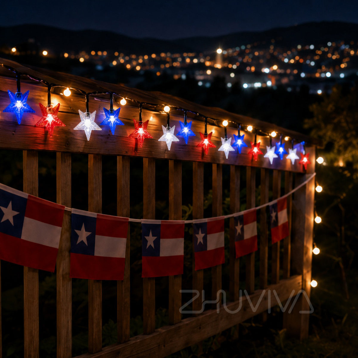 Luces solares de estrellas instaladas alrededor de una entrada exterior