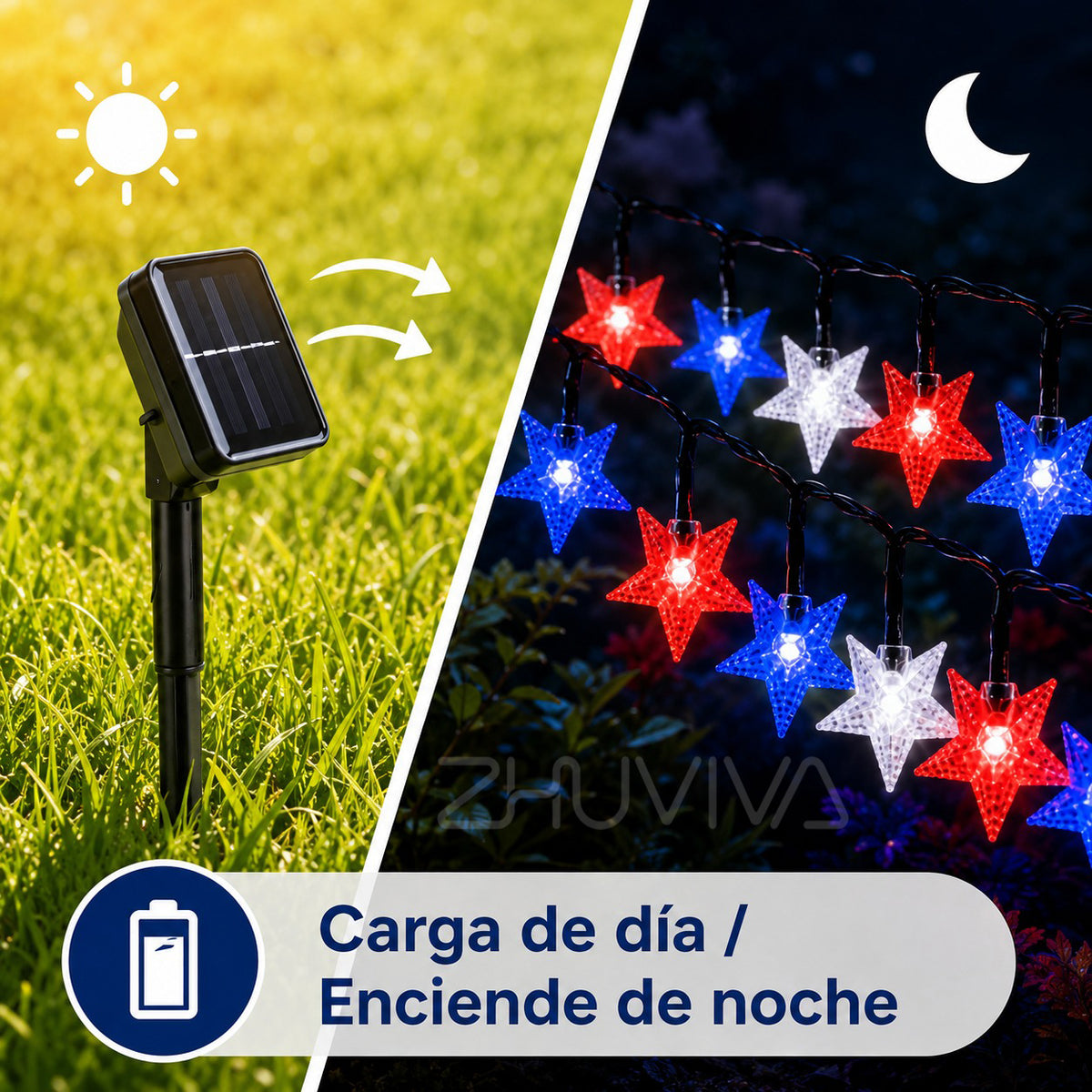 Panel solar cargando de día y guirnalda de estrellas encendida de noche