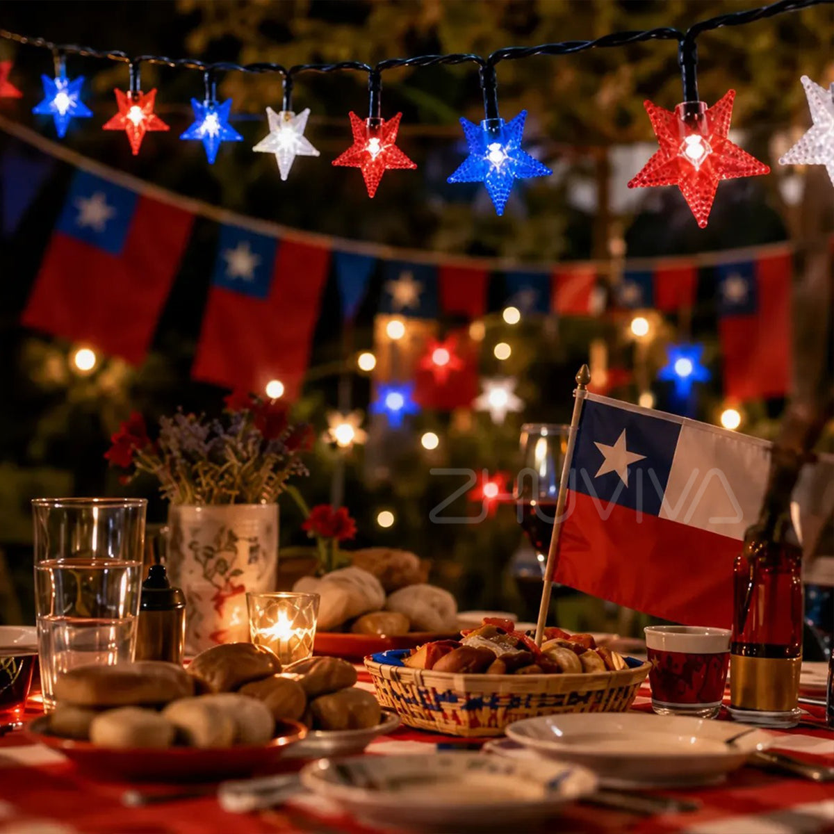 Guirnalda LED tricolor decorando mesa de Fiestas Patrias en Chile