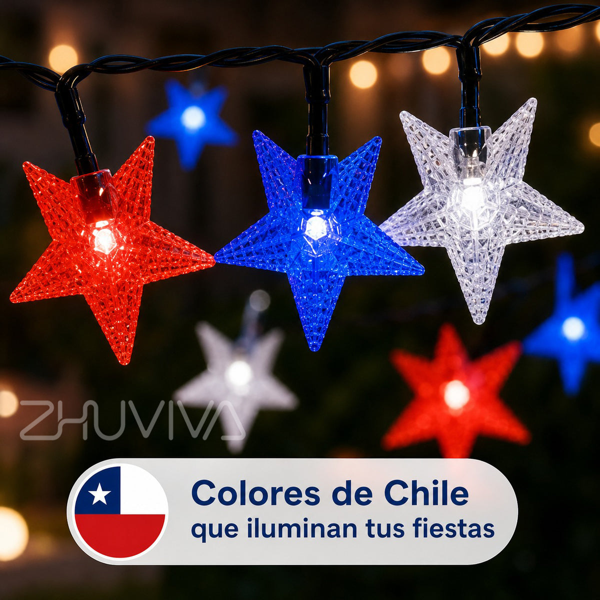 Detalle de estrellas LED rojas azules y blancas para Fiestas Patrias