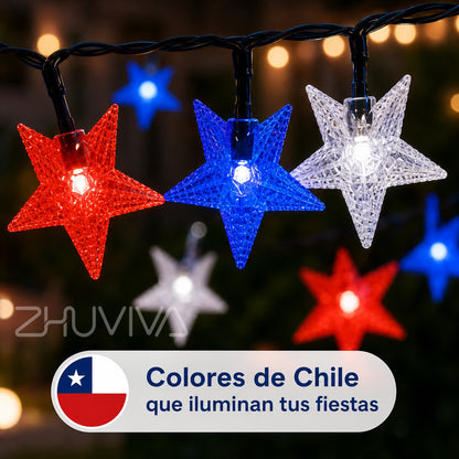 Detalle de estrellas LED rojas azules y blancas para Fiestas Patrias