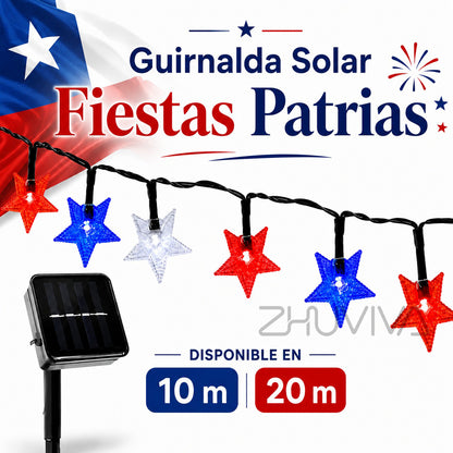 Guirnalda solar LED de estrellas tricolor 20 m con 160 luces para Fiestas Patrias