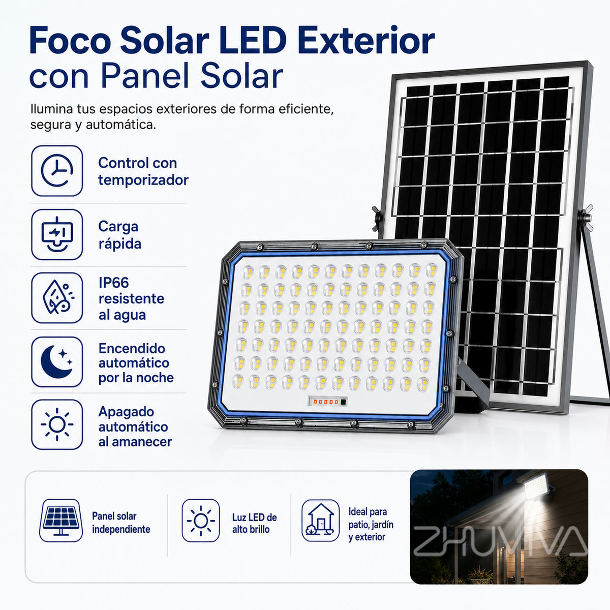Reflector solar LED 2000W con panel solar de alta eficiencia para exteriores