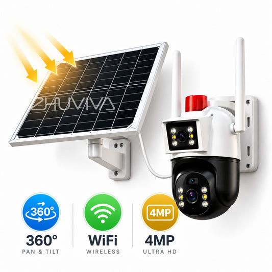 Cámara solar WiFi 4MP de doble lente PTZ con panel solar para exterior