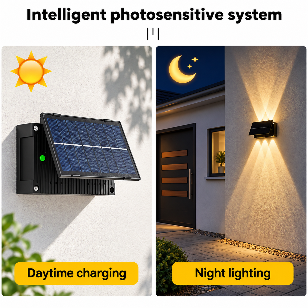 Aplique Solar LED Exterior 6 W Luz Cálida para Muro, Jardín y Navidad