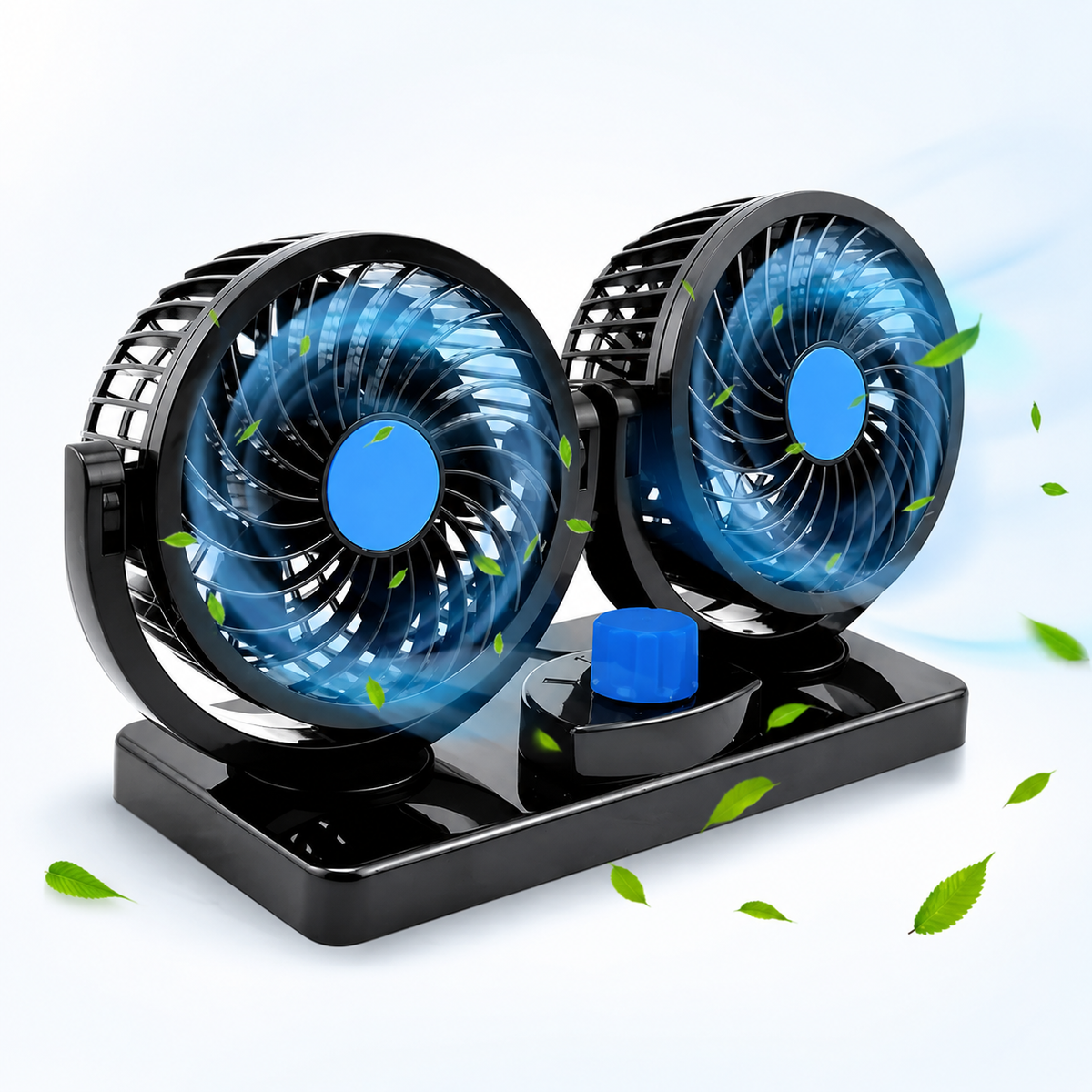 Ventilador Doble 12V para Auto con Giro 360° y Base Autoadhesiva