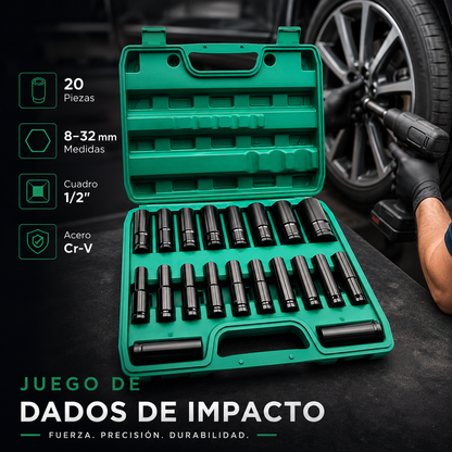 Juego de dados largos de impacto 20 piezas 8-32 mm en estuche