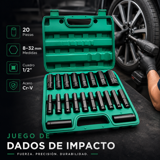 Juego Dados Largos De Impacto 20 Piezas 8-32mm 1/2 Cr-V