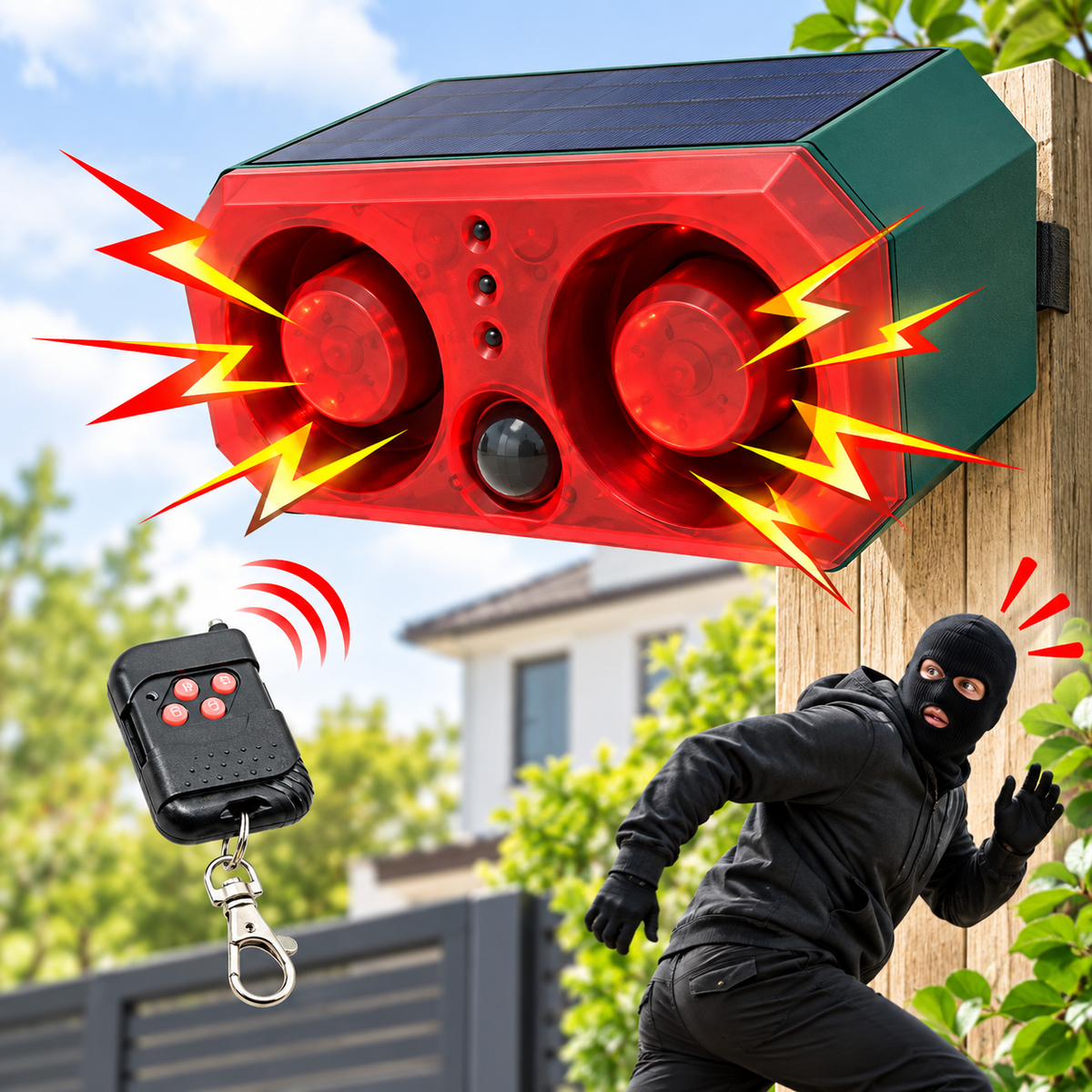 Alarma Solar con Sensor de Movimiento 130 dB, Luz Flash y Control Remoto