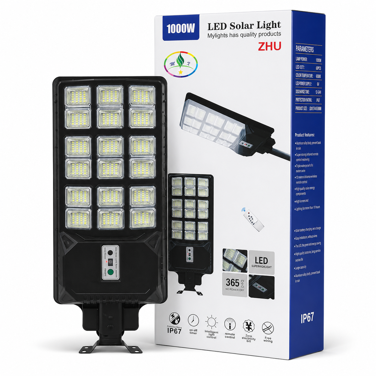 Foco solar LED 1000W exterior IP67 con sensor de movimiento
