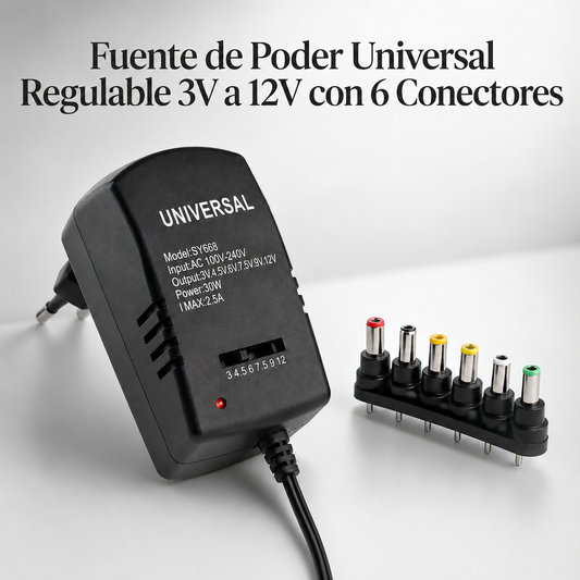 Fuente de Poder Universal Regulable 3V a 12V con 6 Conectores