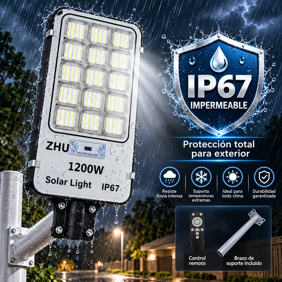Foco solar 1200W con sensor de movimiento para muro exterior