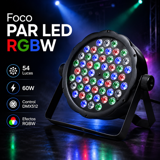 Foco PAR LED RGBW de 54 luces encendido con soporte negro