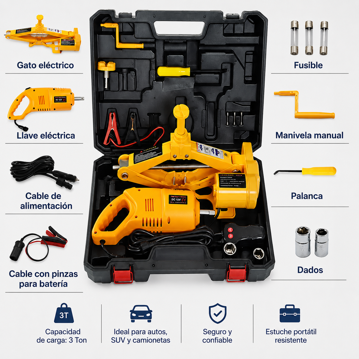 Kit Gata Eléctrica Para Autos 12 V con Llave de Impacto y LED