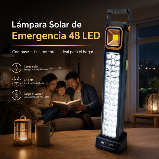 Lámpara solar de emergencia 48 LED recargable para cortes de luz y camping