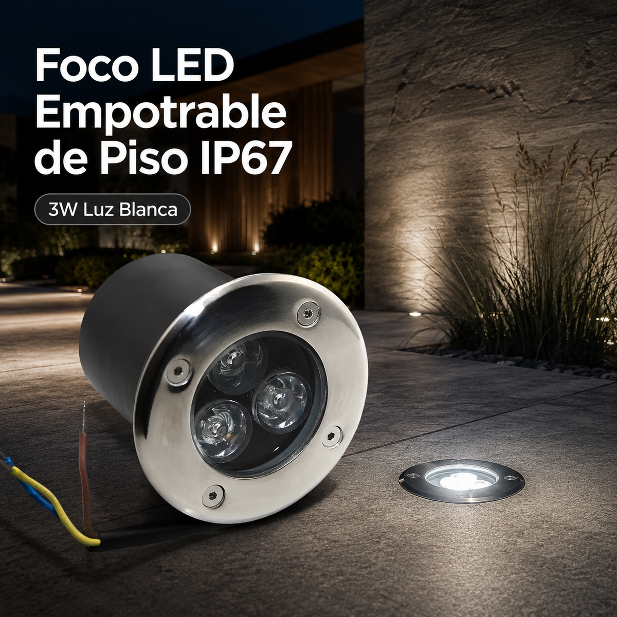 Detalle frontal del foco LED IP67 con tres lentes y cable de conexión