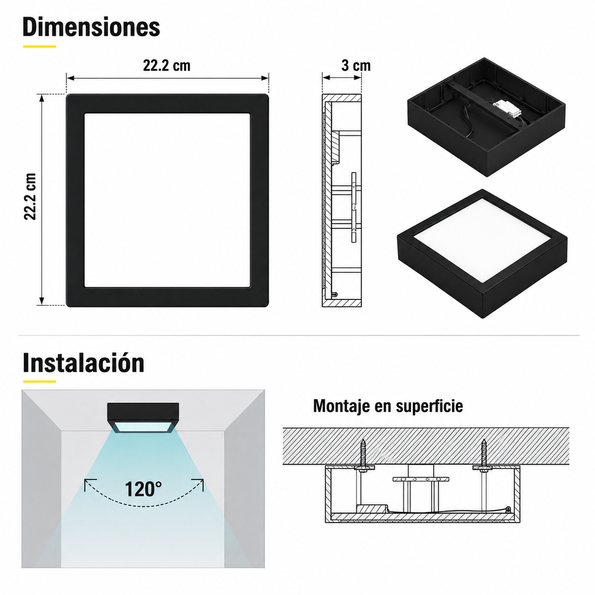 Panel LED Cuadrado de Superficie 18W 22x22 cm Luz Fría con Marco Negro