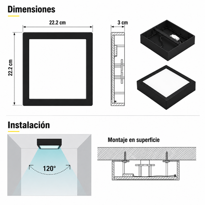 Panel LED Cuadrado de Superficie 18W 22x22 cm Luz Fría con Marco Negro