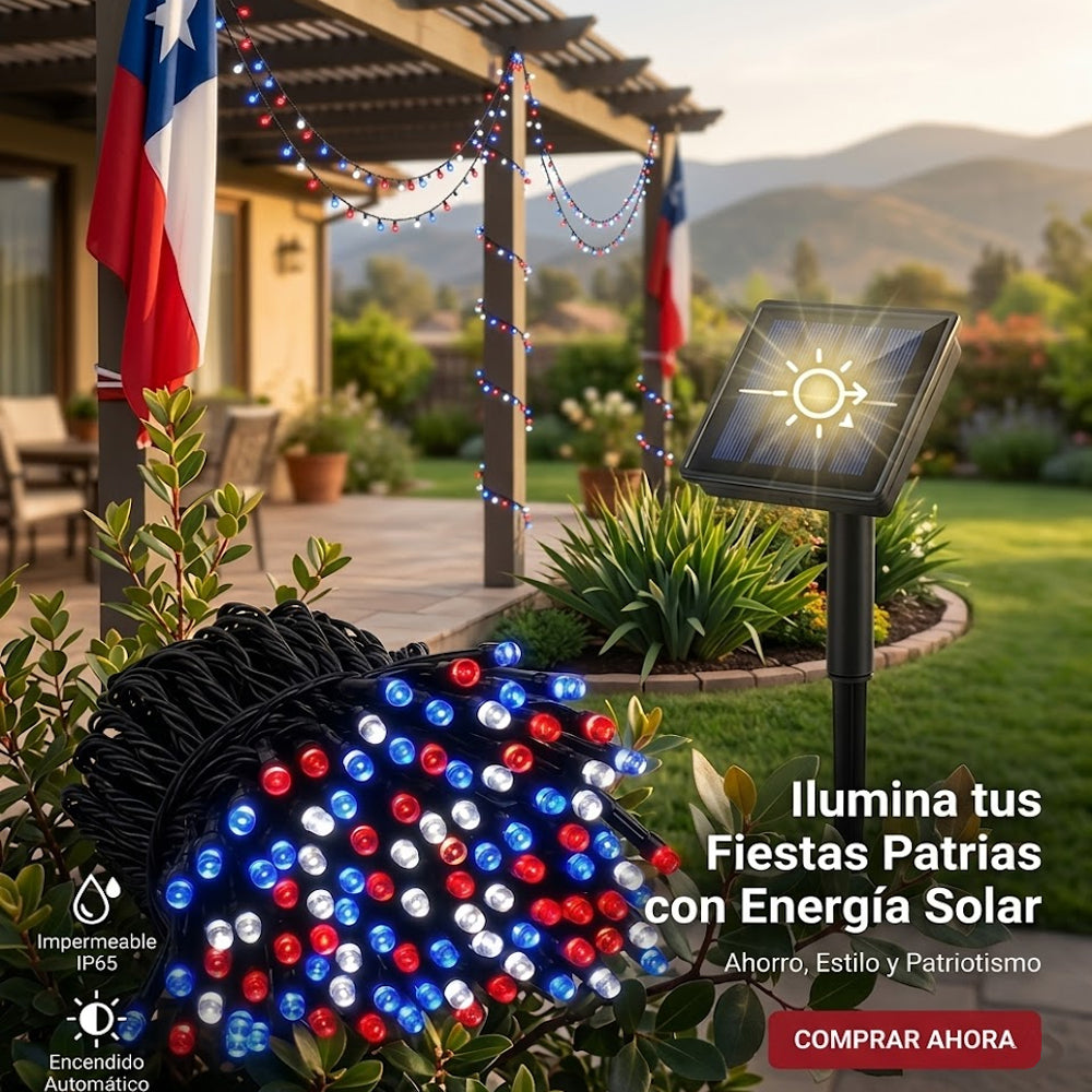 Guirnalda de Luces Solares LED RWB | Decoración Exterior IP65 para Fiestas y Jardines