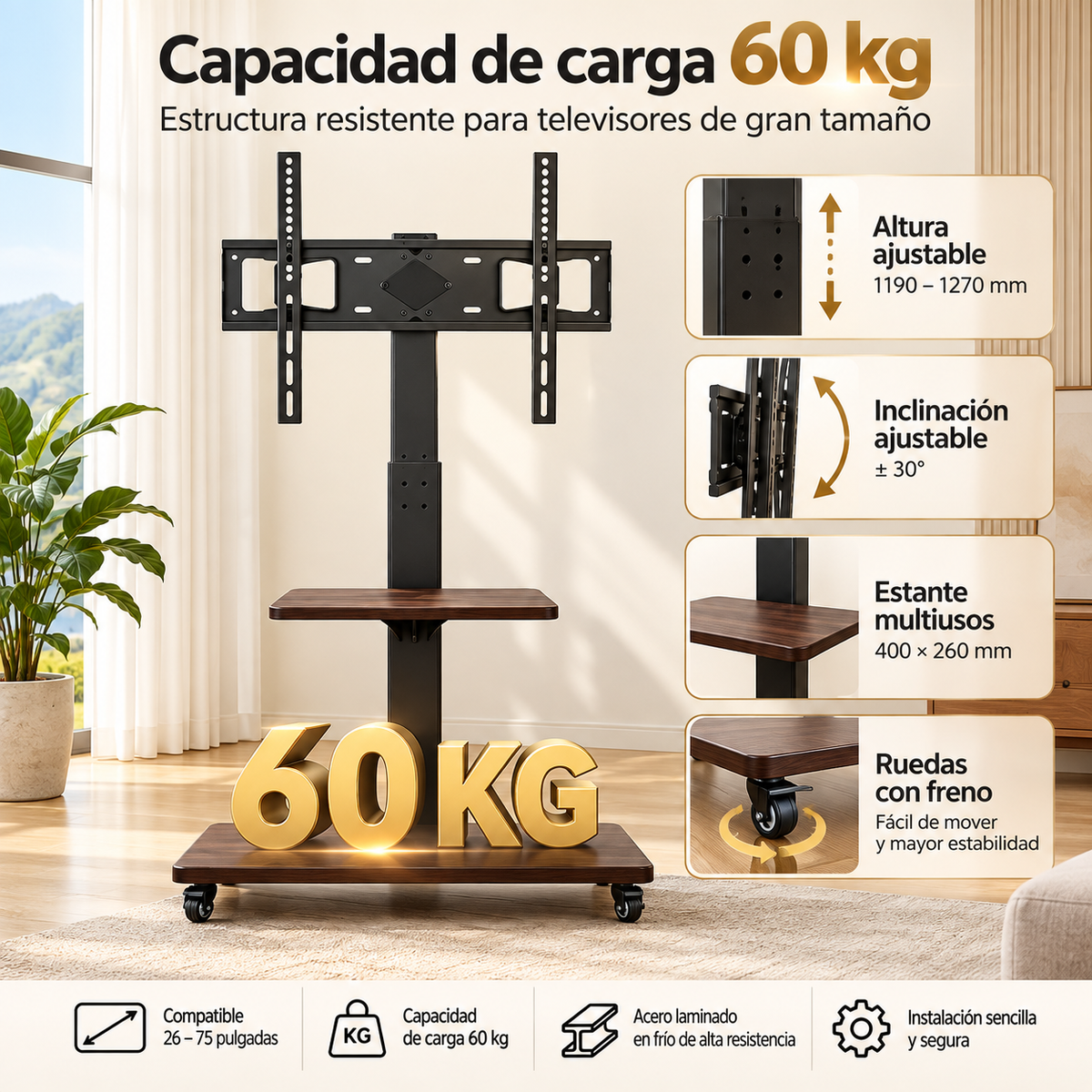 Soporte de Pie Móvil para TV 32 a 70 Pulgadas con Ruedas