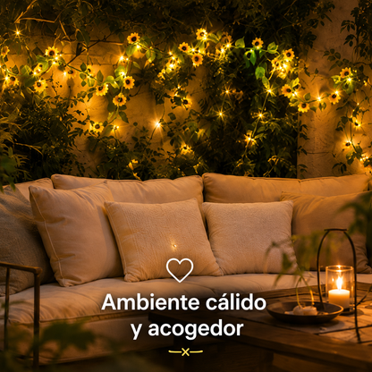 Guirnalda solar decorativa de girasoles para crear ambiente cálido en patio o terraza